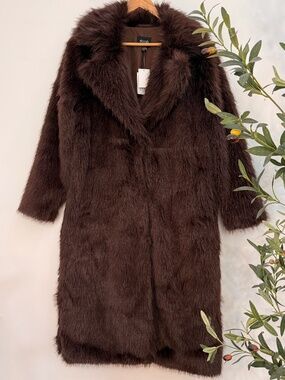 Stosh Brown Faux Fur Coat Long Plush Vegan Fur Jacket L NWT Glam Winter